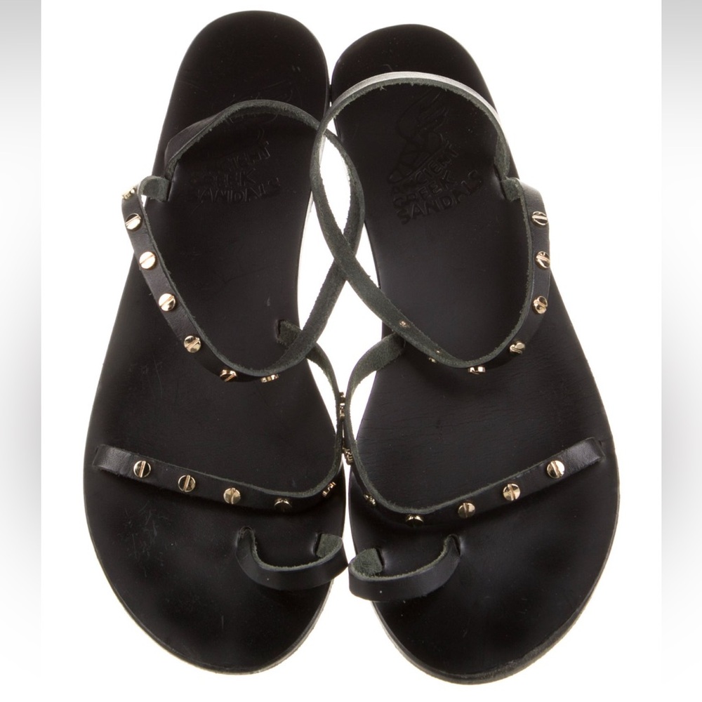 Ancient Greek Sandals Apli Studded Black Leather Gold Tone